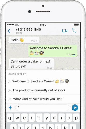aplicativo whatsapp business aberto em uma conversa mostrando as opções de mensagem rápida 