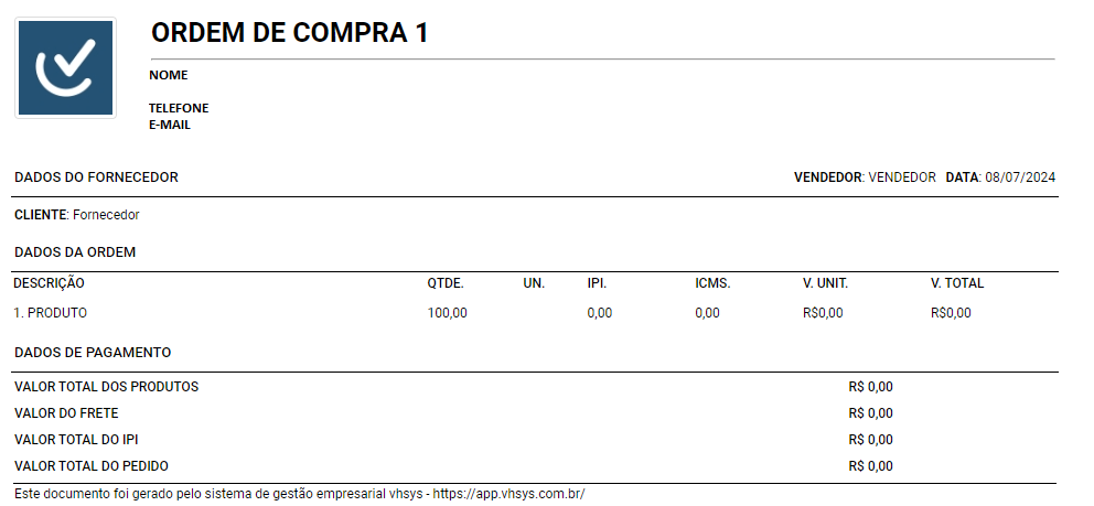 modelo de ordem de compra